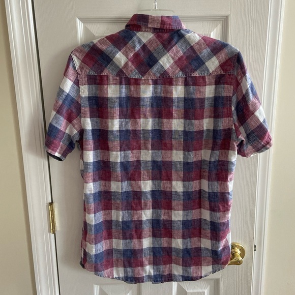 2/$30 Flag & Anthem Linen Blue and Red Casual Plaid Button Down Shirt Mens Small - Picture 2 of 14